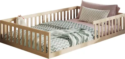 Image de Lit de sol Lit avec protection contre les chutes & sommier à lattes Montessori Lit d'enfant Lit d'adolescent Lit simple en option avec matelas | pin naturel 120x200 cm