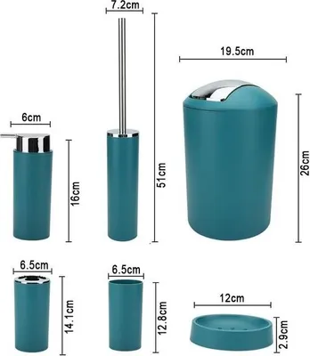 Produktbild von 6-teiliges Badezimmer-Accessoire-Set: Seifenspender, Zahnbürstenbecher, Kosmetikeimer, Toilettenbürste mit Halter, Seifenschale, Abfalleimer, Zahnbürstenhalter, Badezimmer-Set (dunkeltürkis, Design 2a)