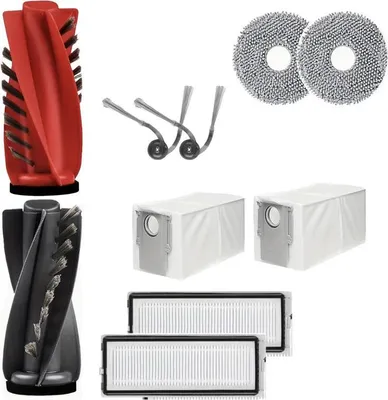 A collection of robot vacuum cleaner accessories, including brushes, filters, mop pads, and dust bags.