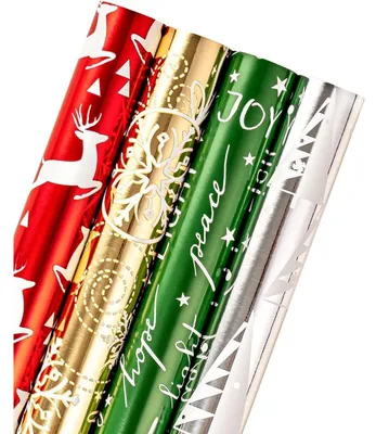 Productafbeelding van Kerstcadeaupapier, 4 rollen, 76x305 cm, rood, groen, goud, zilver, metallic