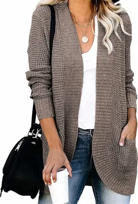 Image de ASKSA Femme décontractée Pull en maille manches longues Cardigan décontracté doux, Marron L