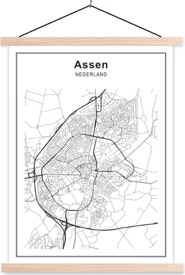 Produktbild von MuchoWow® Textilposter Stadtplan - Assen - Schwarz und weiß 120x160 cm mit holzfarbenen Rahmen - Plakatkarton