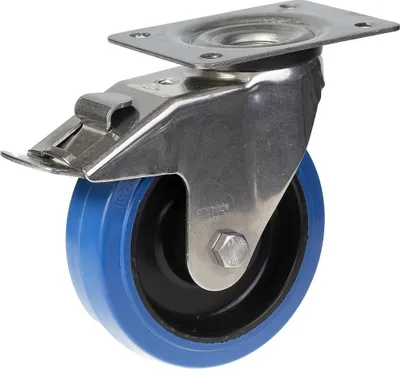 Produktbild von 160mm Edelstahl-Lenk-/Bremsrolle mit blauem Elastikgummi auf Nylon-Zentrum