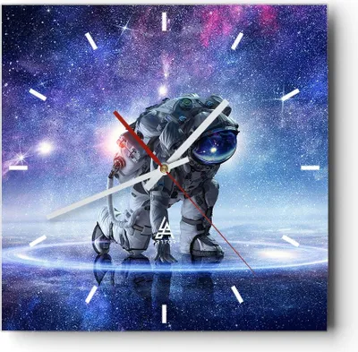 Produktbild von Wanduhr - Quadrat - Glasuhr - Kosmonaut Weltraum - 40x40cm - Schleichendes Uhrwerk - Lautlos - zum Aufhängen bereit - Dekoration Modern - Wanddekoration aus Glas - C3AC40x40-3985