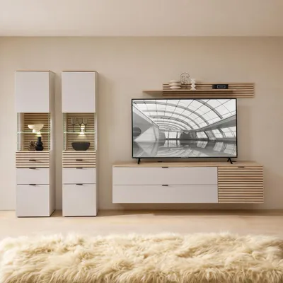 Produktbild von Wohnwand in Beige mit Eiche, inkl. Beleuchtung, 2 Vitrinen & 2 Lowboards & Wandboard, 5-teilig - ISCHIA-36