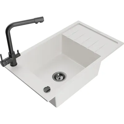 Obrázek produktu pro Mexen Elias 1-miskový granitový dřez s odkapávačem a kuchyňskou baterií Duero, Bílá - 6511-20-671600-70