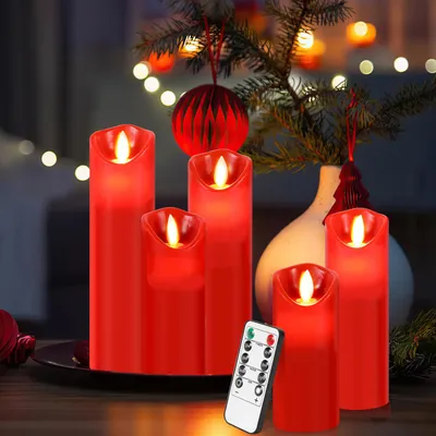 Immagine prodotto di Set di 5 candele LED con cera vera, effetto fiamma tremolante, senza fiamma, con telecomando, funzione timer e dimmeraggio a più livelli, fiamma mobile, colore rosso