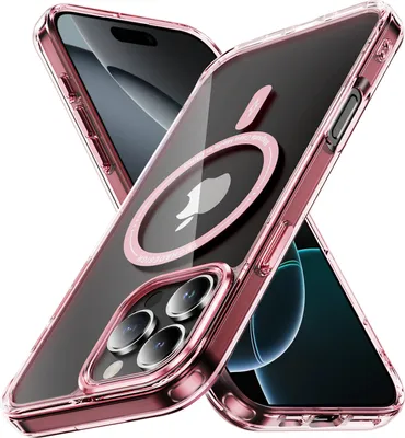 Immagine prodotto di Custodia magnetica trasparente per iPhone 16 Pro, compatibile con MagSafe, custodia protettiva ibrida antiurto rosa