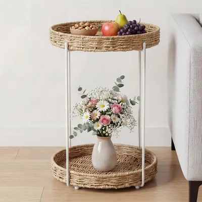 Produktbild von Mai & Mai Beistelltisch rund Ø37×H55 cm, Couchtisch klein mit 2 abnehmbaren Tabletts aus Papierkordel, Weiß Reglo-08