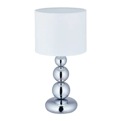 Produktbild von Relaxdays Tischlampe Kugeln, Nachttischlampe mit Stoffschirm, HxD: 50 x 25 cm, E27, Tischleuchte Wohnzimmer, silber/weiß