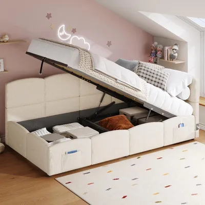 Obrázek produktu pro Postel s čalouněnou částečně čalouněnou konstrukcí, rozměry 90x200 cm, barva béžová, materiál bouclé, s úložným prostorem, USB-A a USB-C porty, postel pro mládež s roštem, vhodná do ložnice