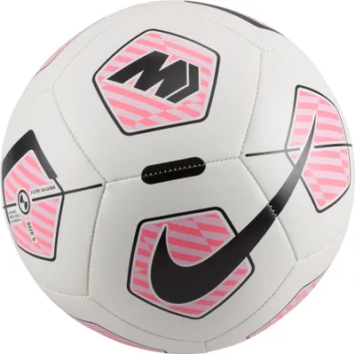 A close-up view of a white soccer ball with pink and black accents.