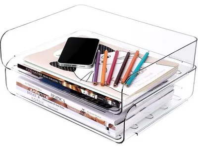 Image de Fournitures de bureau, lot de 2, corbeilles à papier, corbeilles à courrier A4, transparentes, empilables, rangement pour documents