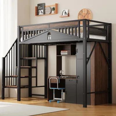 A loft bed with a desk and storage underneath, set up in a room.