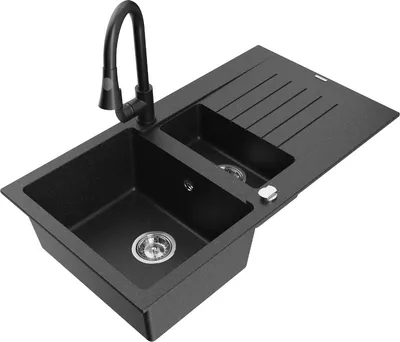 Produktbild von Mexen Matias 1,5-Becken-Granitspüle mit Abtropffläche und Mischbatterie Elia, Schwarz/Silbermetallic - 6502-73-670101-70