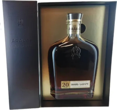 A bottle of Ararat Nairi 20 Years Old cognac in its gift box.
