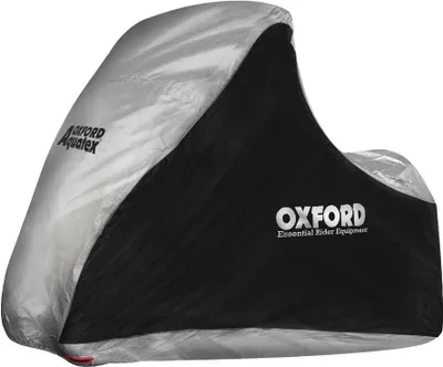 Produktbild von Oxford Aquatex Motorradabdeckung, Schwarz/Silber, für MP3/3 Wheeler, doppelt genähtes, Polyurethan-beschichtetes Polyester, wasser-, staub- & UV-beständig, hitzebeständig bis 150°C, elastischer Boden mit Bauchgurt, lackschonendes Innenmaterial, inkl. Tragetasche.
