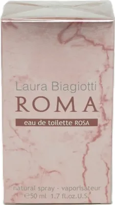 A product box for Laura Biagiotti Roma Rosa Eau de Toilette.