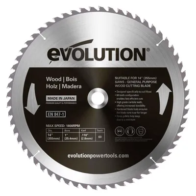 Produktbild von Evolution 355mm Holzsägeblatt 60 Zähne | TCT-Kreissägeblatt für Holz | 25,4mm Bohrung, 2,4mm Schnittbreite, Präzisionsschnitt für Kappsägen
