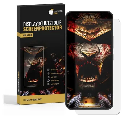 A product packaging box for a screen protector, with a smartphone displaying a graphic image placed next to it.