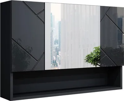 A modern, dark-colored bathroom cabinet with a large mirrored front, reflecting a city skyline and a green plant.