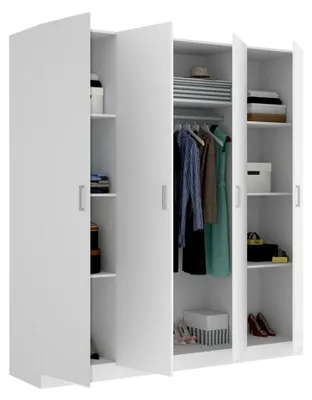 Produktbild von Kleiderschrank Danna, Garderobe für Schlafzimmer, Kleiderschrank mit 4 Flügeltüren, 200x52h215 cm, Weiß