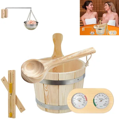 Produktbild von Saunakübel Set 5L aus Holz mit Kelle, Sanduhr, Thermometer & Hygrometer – Komplettes Sauna Zubehör