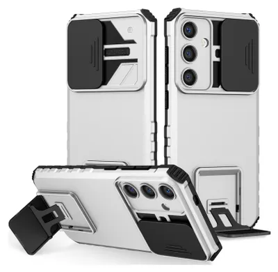 Immagine prodotto di Custodia per Samsung Galaxy S25+ a doppio strato robusta, protezione militare con supporto e fotocamera scorrevole Bianco