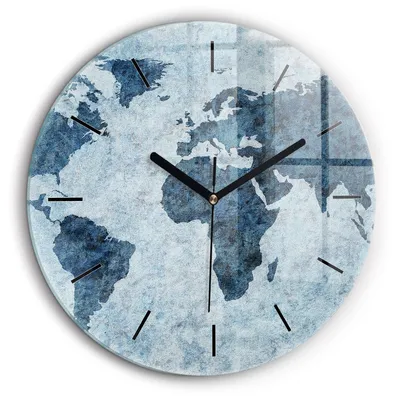 Produktbild von Wallfluent Große Wanduhr – Stilles Quarzuhrwerk - Uhr Dekoration Wohnzimmer Schlafzimmer Küche - Zifferblatt mit Striche - schwarze Zeiger - 60 cm - Gemalte Weltkarte