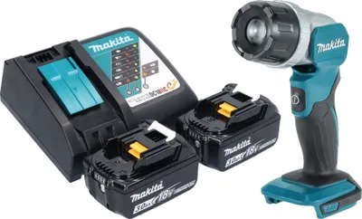 A Makita cordless work light, two batteries, and a charger are displayed on a white background.