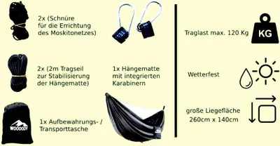 Produktbild von 1 x Camping Hängematte mit Moskitonetz von Woooody.:1 x Aufbewahrungstasche2 x Karabiner2 x 2 Meter Tragseil, 2 x SchnüreGröße: 260cm x 140 cm