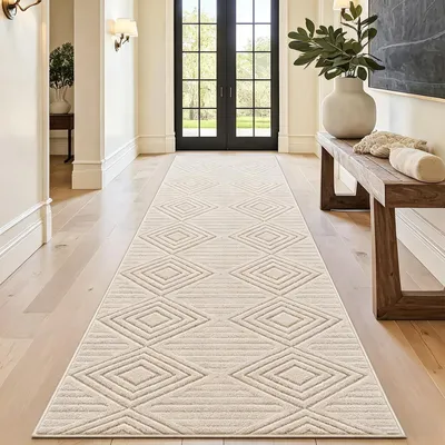 Image de Omgoods - Tapis de sol antidérapant, 80x300 cm - Beige, lavable, idéal pour les entrées et les cuisines