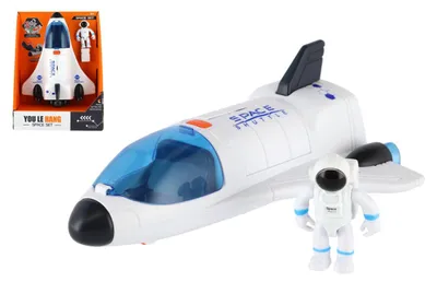 Zdjęcie produktu dla Rakietoplan z astronautą, plastik, 20 cm, zasilany bateriami, ze światłem i dźwiękiem, w pudełku o wymiarach 18,5 x 25 cm