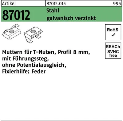 Produktbild von T-Nutenmutter R 87012 m.Fhrungssteg/o.Potenzialausgl. 8mm M 6 Stahl galvanisch verzinkt