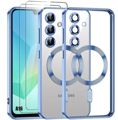 Image de Coque + 2 Verres Trempés pour Samsung Galaxy A16 4G/5G, Protection Silicone avec Cercle Magnétique Film Caméra - Bleu