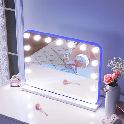 Obrázok produktu pre Kozmetické zrkadlo SONNI 58x45cm, zrkadlo na líčenie s 3 farbami svetla, nastaviteľný jas, s RGB a bluetooth, 10x zväčšenie, nástenné zrkadlo, biele