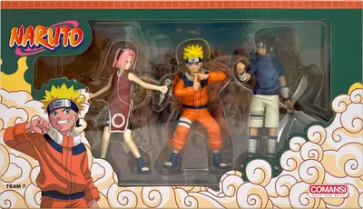 A product packaging for Naruto Shippuden action figures, featuring the main characters.