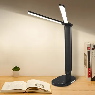 Produktbild von Dimmbare LED-Schreibtischlampe, Doppelarm-Schreibtischlampe mit 5 Farben und 10 Helligkeitsstufen, Schreibtischlampe mit Ladefunktion, Berühren