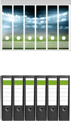Produktbild von Wallario 6 Stück breite Ordner inkl. Klebeetiketten mit Motive Fußball Stadion Mittellinie II -  Set mit Rückenschildern / Ordnerrücken Stickern