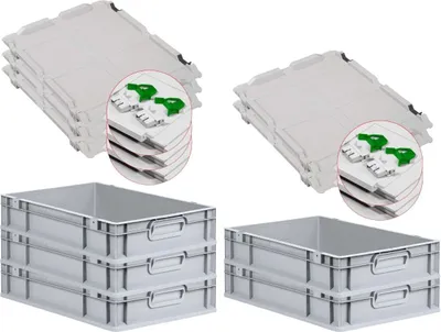 Produktbild von SuperSparSet 5x Eurobox NextGen Grip mit Scharnierdeckel und grünen Schiebeschnappverschlüssen | HxBxT 12x40x60cm | 23 Liter | Grau | Griffe geschlossen | Glatter Boden | Eurobehälter, Transportbox, Transportbehälter, Stapelbehälter