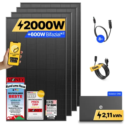 Produktbild von 2000W Balkonkraftwerk mit Speicher Solakon ONE (2,11 kWh) Solaranlage Steckerfertig WIFI Komplettset Photovoltaik Anlage 800W, Kabellänge: 10m