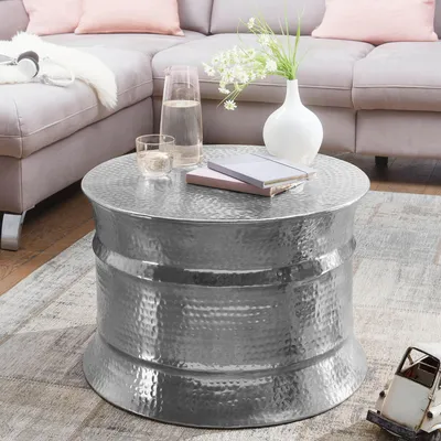 Zdjęcie produktu dla FineBuy Design – okrągły stolik kawowy 60 cm, metalowy, srebrny; ręcznie wykonany aluminiowy stolik do salonu z wykończeniem młotkowanym; orientalny okrągły stolik kawowy z aluminium