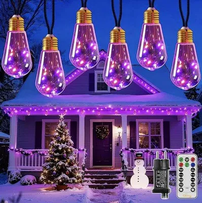 Image de Guirlande lumineuse à énergie solaire avec 16 ampoules S17 – 8 mètres d'éclairage d'extérieur – 8 modes d'éclairage – intensité réglable – rechargeable par USB – résistante aux intempéries – pour le jardin, le balcon, la terrasse, les mariages et les fêtes