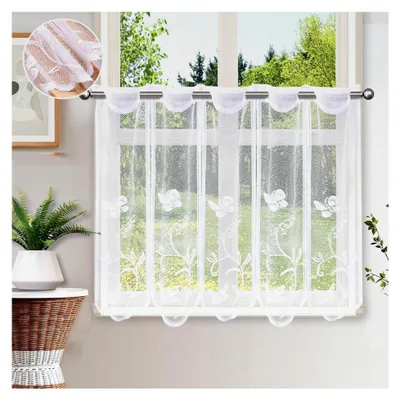 Produktbild von Scheibengardine Bistrogardine Halbtransparent Vorhänge Kurzstores Fensterschal mit Blumen Kurzgardine für Fenster Küche Wohnzimmer 60 x 81 cm