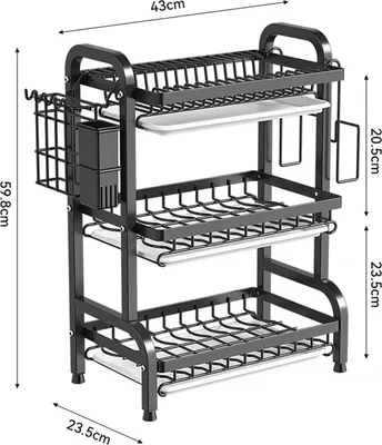 Image de Égouttoir pour plan de travail de cuisine - Égouttoir à 3 niveaux - Grande capacité - Porte-couverts - Avec bac d'égouttage - Non pliable - Noir