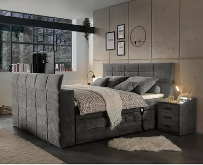 Produktbild von Boxspringbett 180x200 cm, mit TV-Halterung, elektrisch verstellbar und 2 Nachtschränke, Hotelbett in stone DURAZNO-09