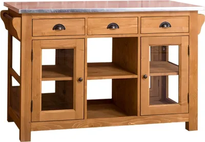 Zdjęcie produktu dla Casa Padrino wyspa kuchenna w stylu rustykalnym z ocynkowanym blatem w kolorze naturalnym / srebrnym 135 x 65 x h. 90 cm - Szafka kuchenna w stylu rustykalnym z 4 szklanymi drzwiami i 6 szufladami