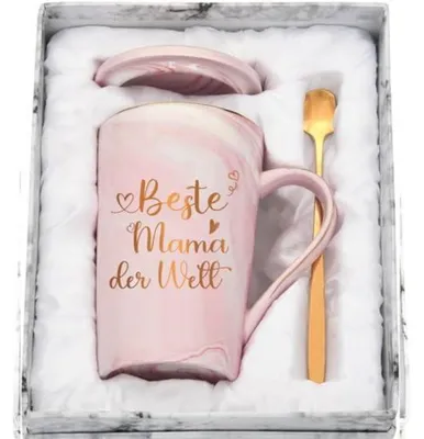 Immagine prodotto di Tazza da caffè rosa, 400 ml, in Vetroceramica, con cucchiaino e coperchio. Idea regalo per la mamma