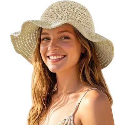 Produktbild von Strand Sonnenhut Damen, Sommer Strohhut mit Breite Krempe, Faltbar Strand Sonnenhut, Beige