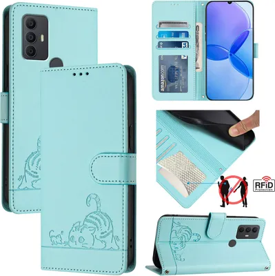 Produktbild von Leder Hülle für TCL 306 Süße Katze Flip Case Brieftasche Schutzhülle mit Standfunktion hellgrün
